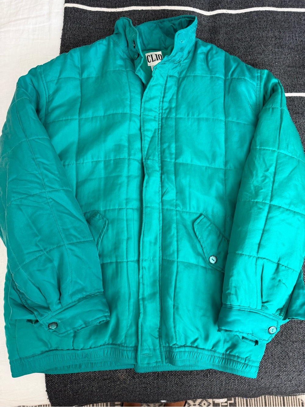 VINTAGE Clio Teal Quilted Puffer bomber Jacket 100% silk